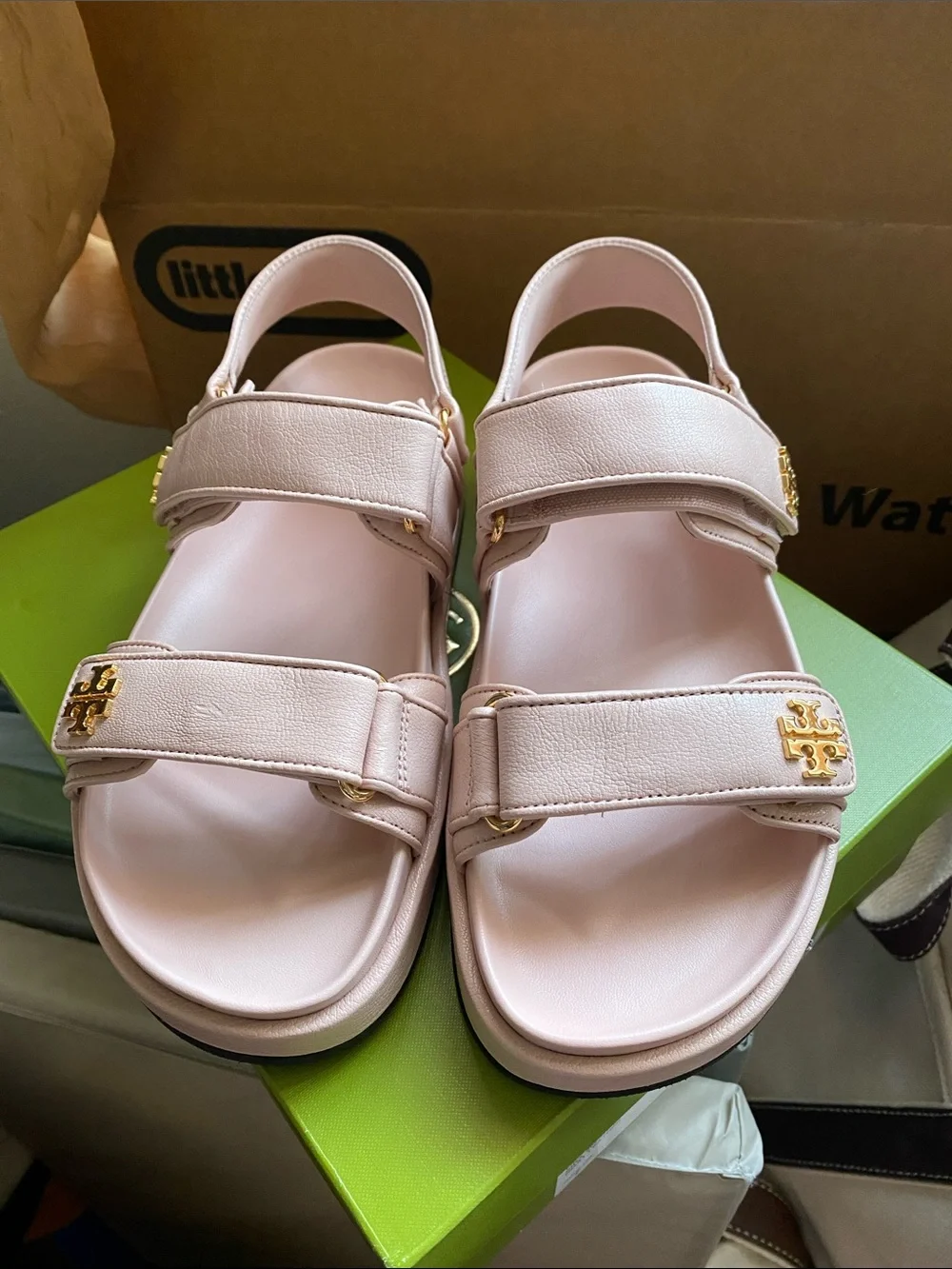 Tory Burch Kira Blush Pink Leather Velcro Sandals with Gold Logo